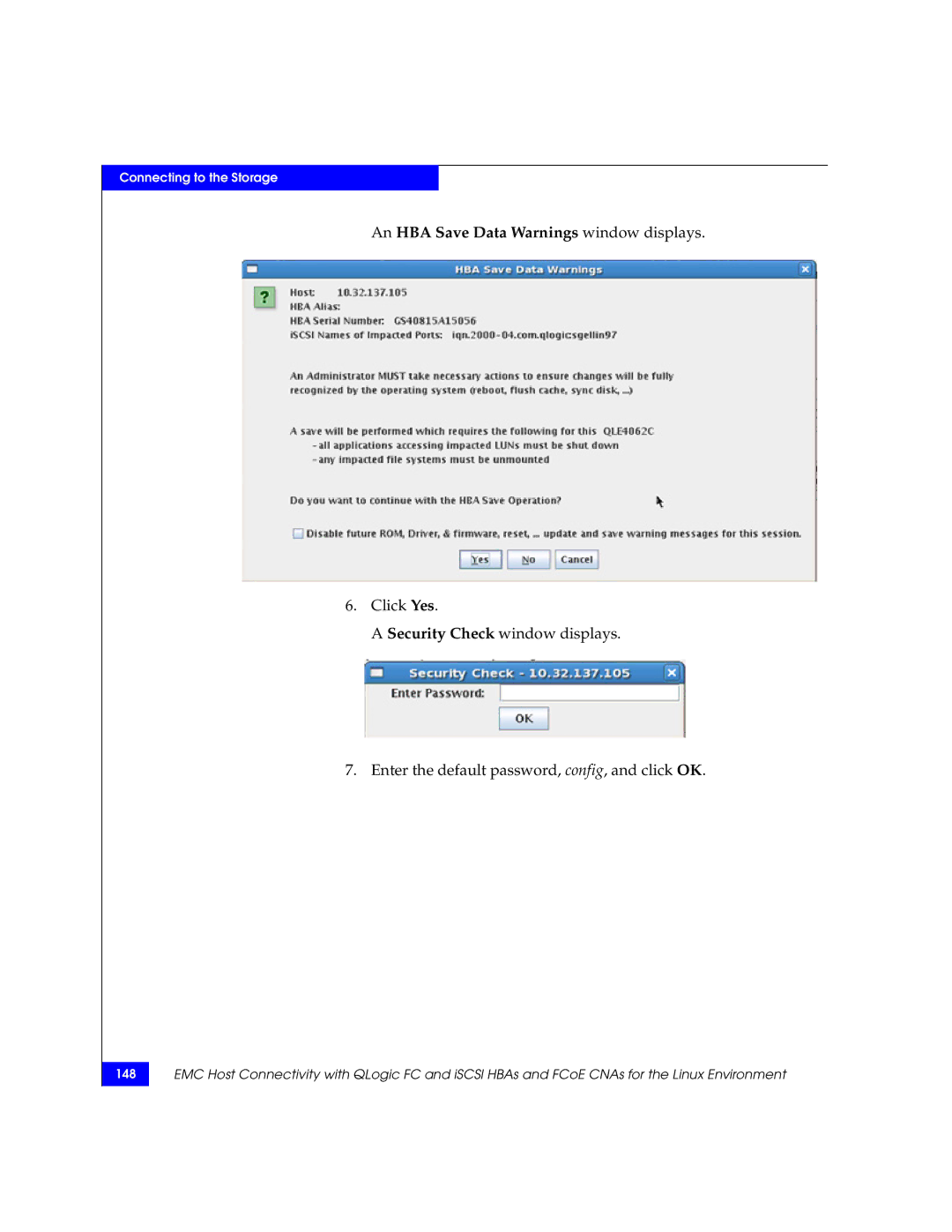 EMC P/N 300-002-803 manual An HBA Save Data Warnings window displays 