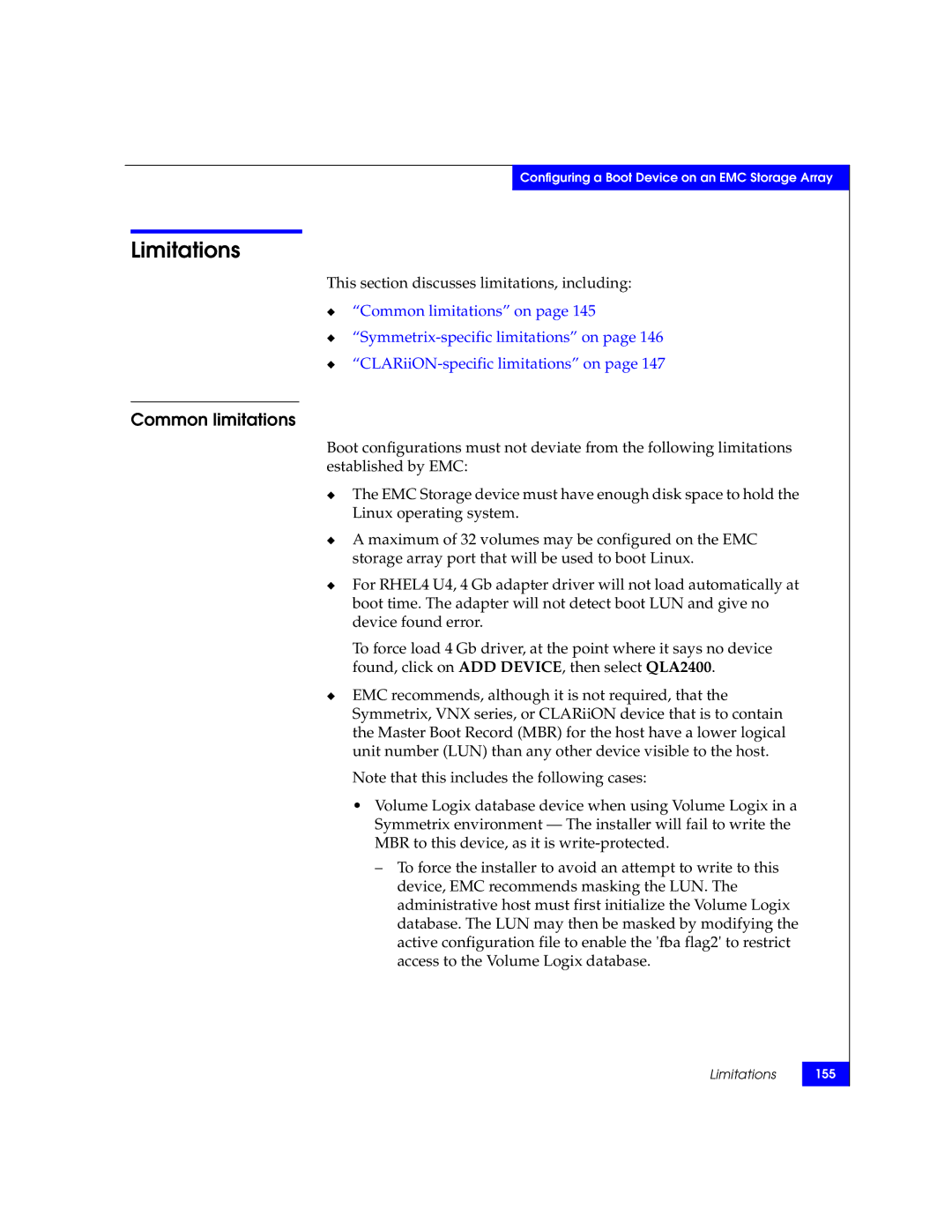 EMC P/N 300-002-803 manual Limitations, Common limitations, This section discusses limitations, including 