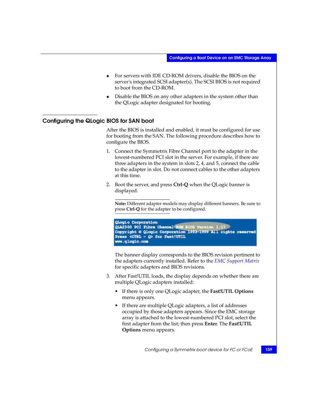 EMC P/N 300-002-803 manual Configuring the QLogic Bios for SAN boot 