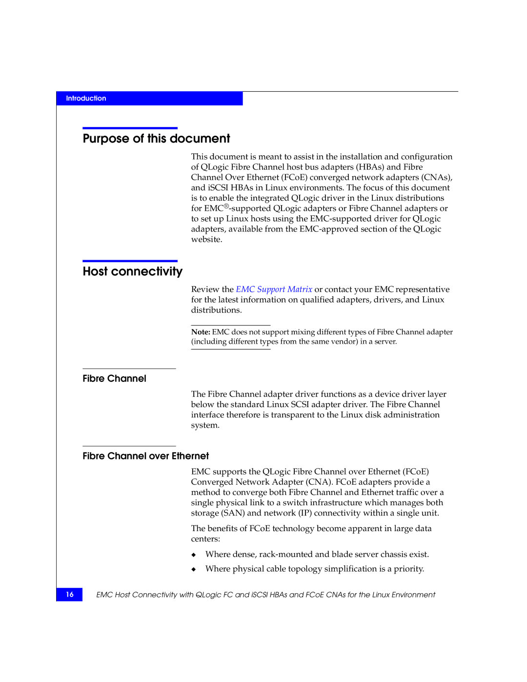 EMC P/N 300-002-803 manual Purpose of this document, Host connectivity, Fibre Channel over Ethernet 