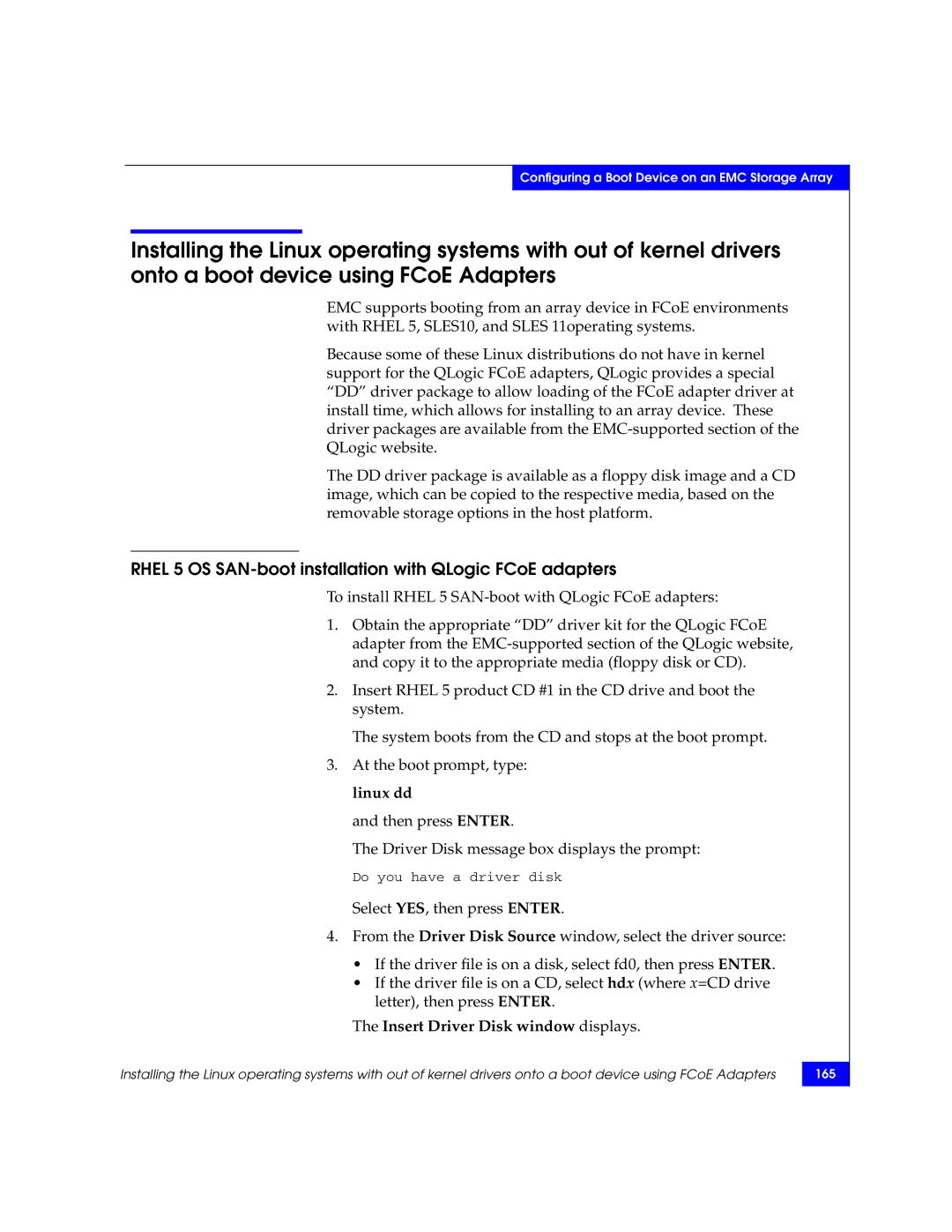 EMC P/N 300-002-803 manual Rhel 5 OS SAN-boot installation with QLogic FCoE adapters, Insert Driver Disk window displays 