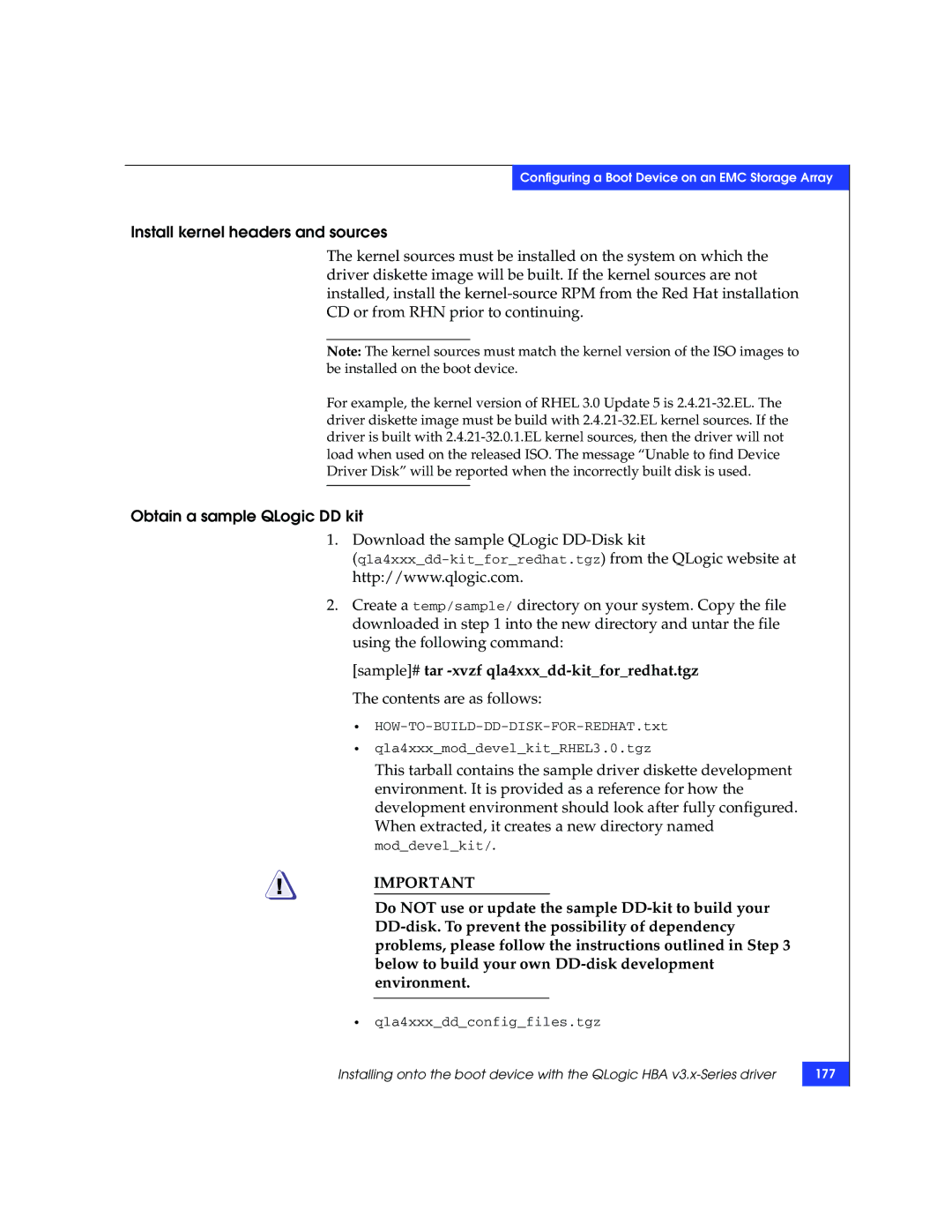 EMC P/N 300-002-803 manual Install kernel headers and sources, Obtain a sample QLogic DD kit 