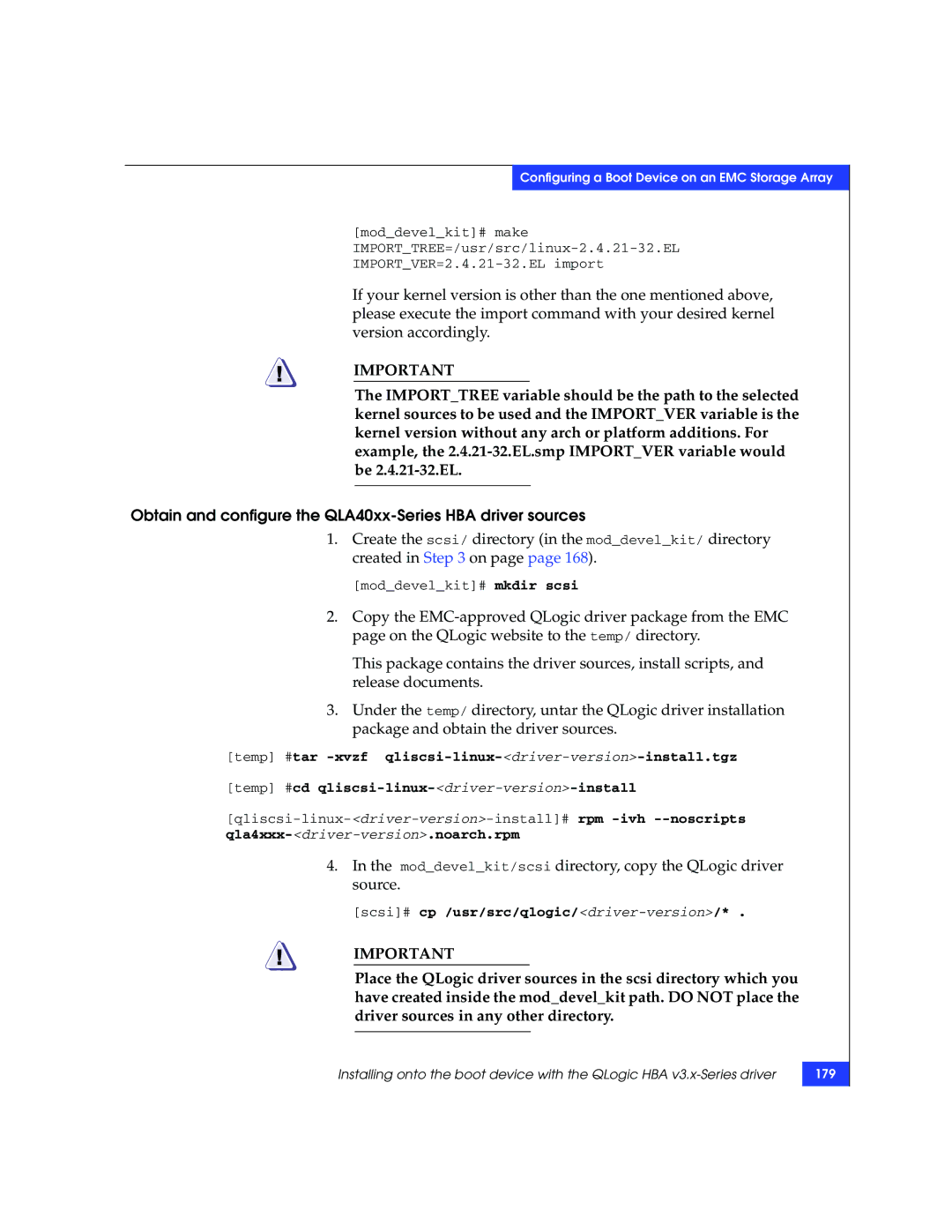 EMC P/N 300-002-803 manual Obtain and configure the QLA40xx-Series HBA driver sources 