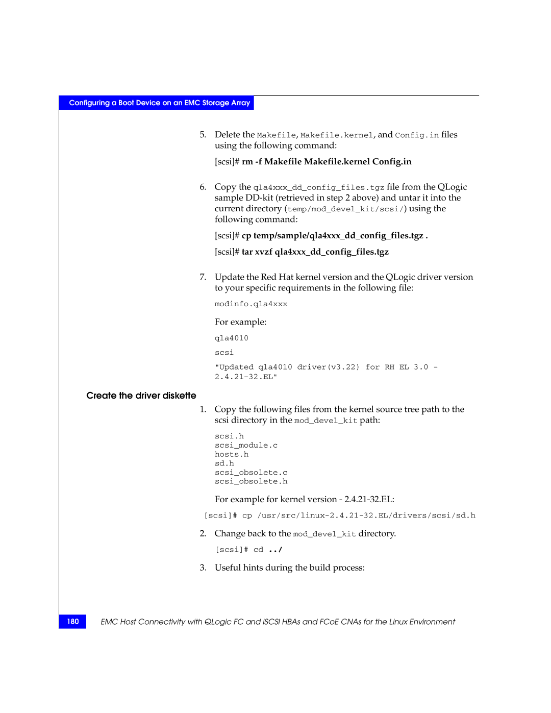 EMC P/N 300-002-803 manual Scsi# rm -f Makefile Makefile.kernel Config.in, Create the driver diskette 