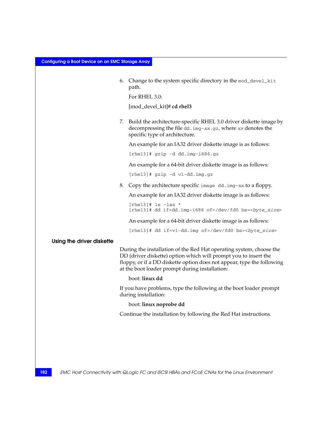 EMC P/N 300-002-803 An example for a 64-bit driver diskette image is as follows, Using the driver diskette, Boot linux dd 