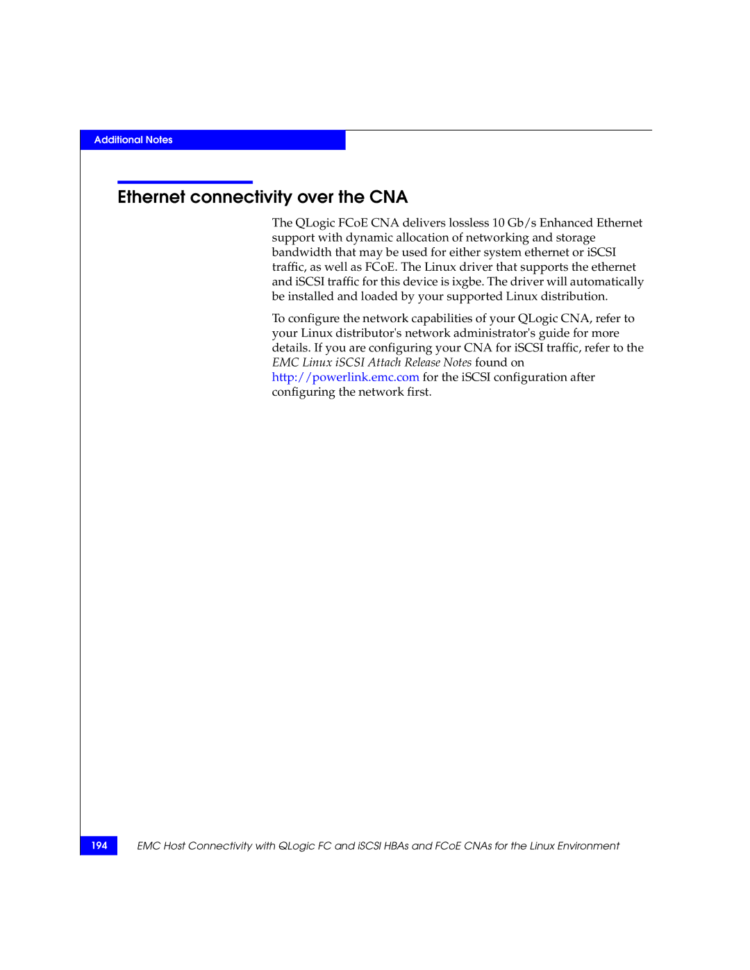 EMC P/N 300-002-803 manual Ethernet connectivity over the CNA 