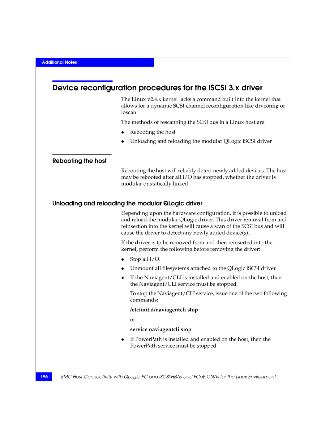 EMC P/N 300-002-803 manual Device reconfiguration procedures for the iSCSI 3.x driver, Rebooting the host 