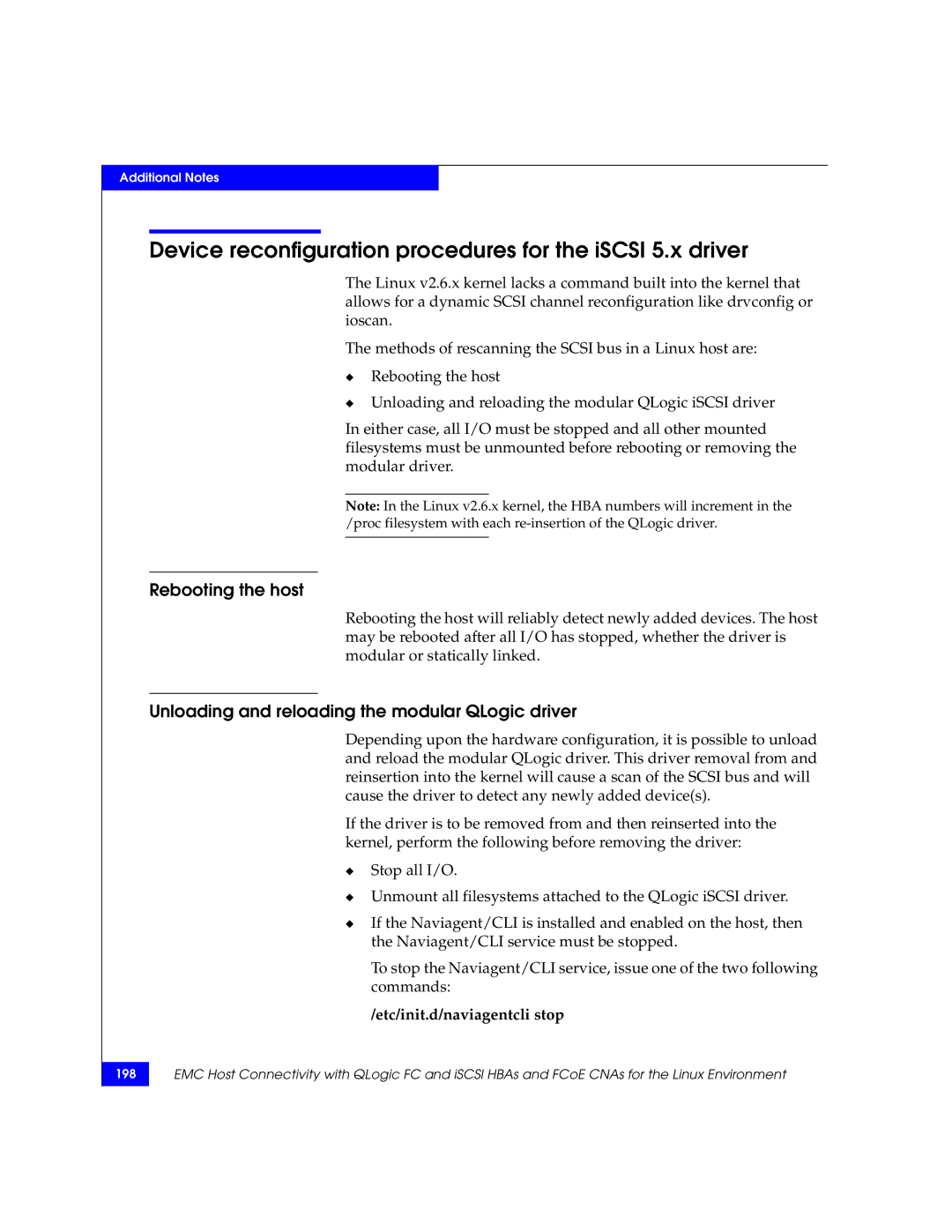 EMC P/N 300-002-803 manual Device reconfiguration procedures for the iSCSI 5.x driver, Etc/init.d/naviagentcli stop 