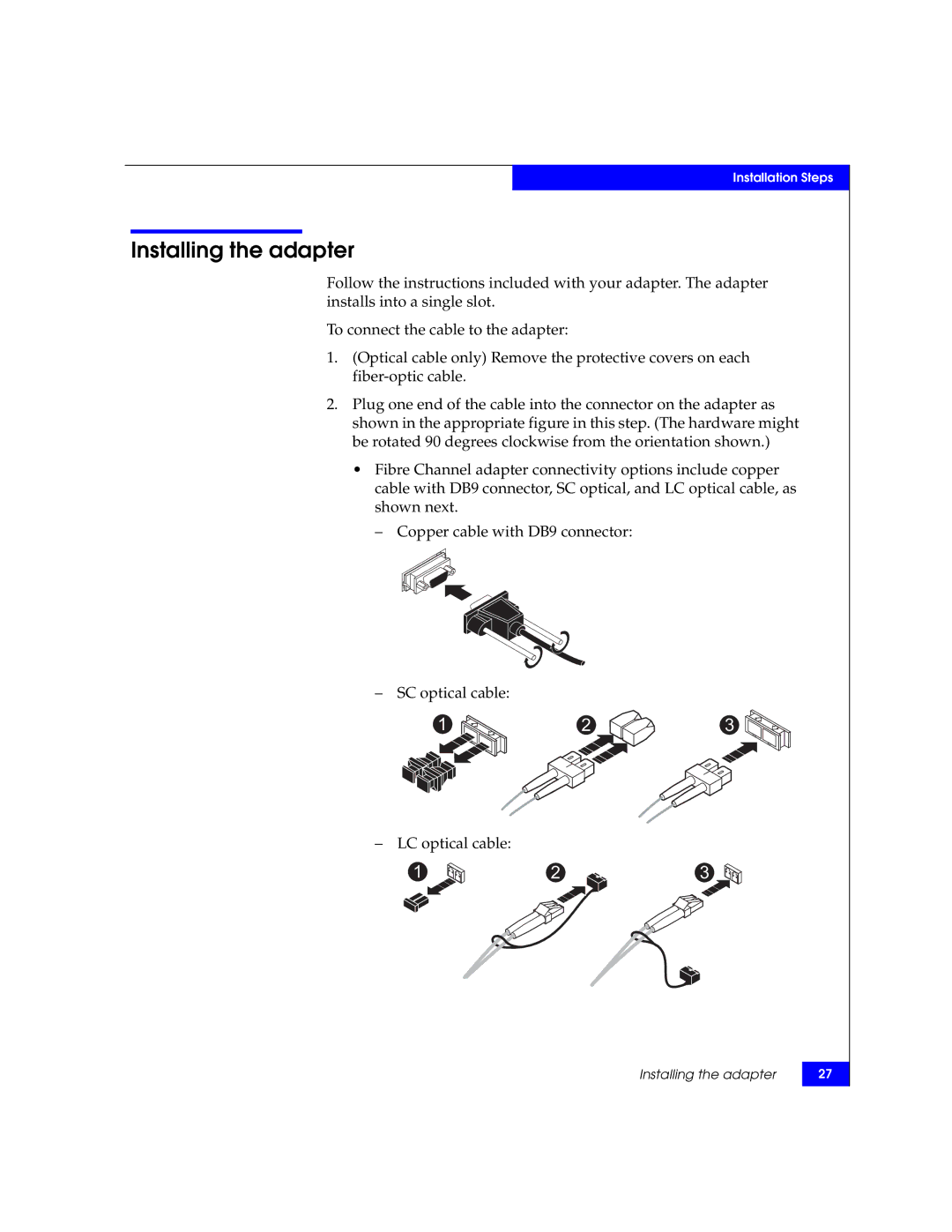 EMC P/N 300-002-803 manual Installing the adapter, SC optical cable LC optical cable 