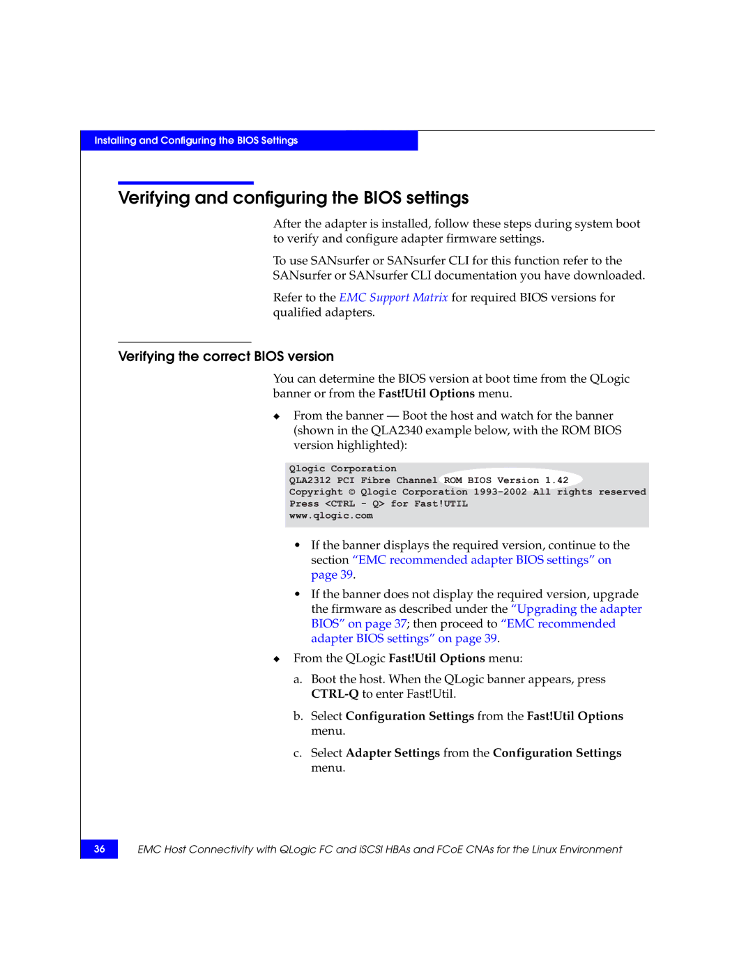 EMC P/N 300-002-803 manual Verifying and configuring the Bios settings, Verifying the correct Bios version 