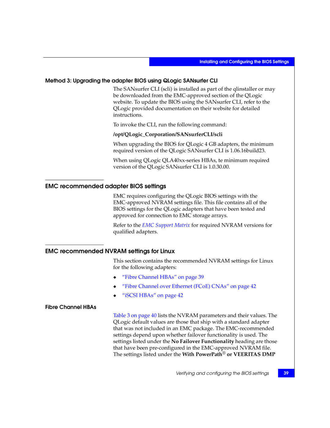 EMC P/N 300-002-803 EMC recommended adapter Bios settings, EMC recommended Nvram settings for Linux, Fibre Channel HBAs 