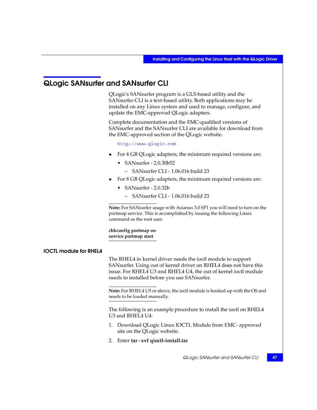 EMC P/N 300-002-803 manual QLogic SANsurfer and SANsurfer CLI, Ioctl module for RHEL4, Enter tar -xvf qioctl-install.tar 