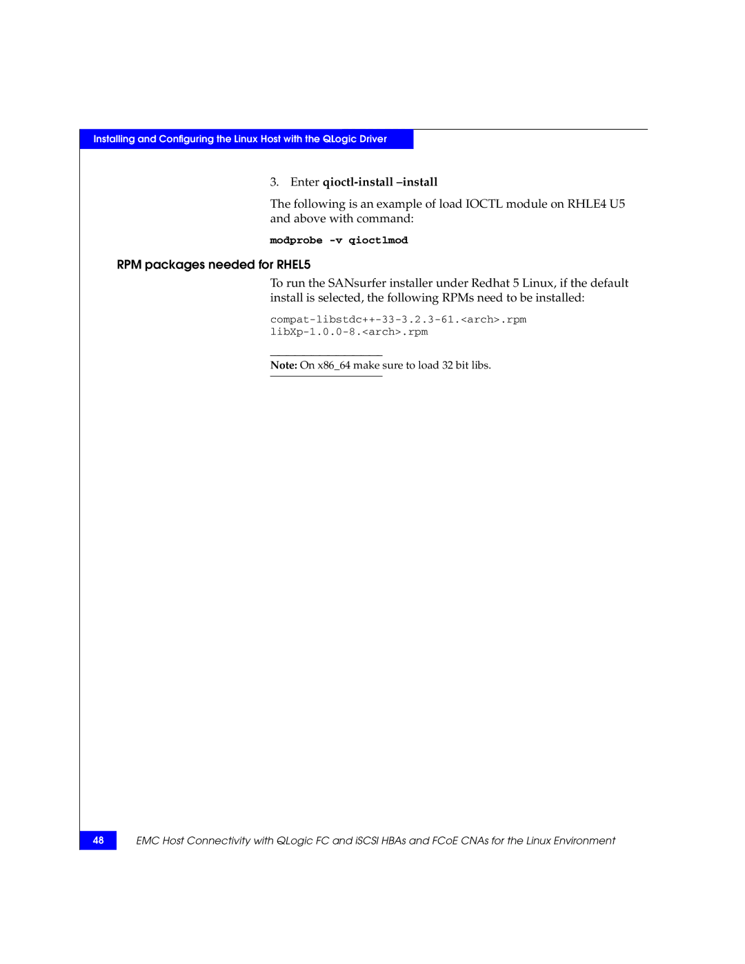 EMC P/N 300-002-803 manual Enter qioctl-install -install, RPM packages needed for RHEL5 