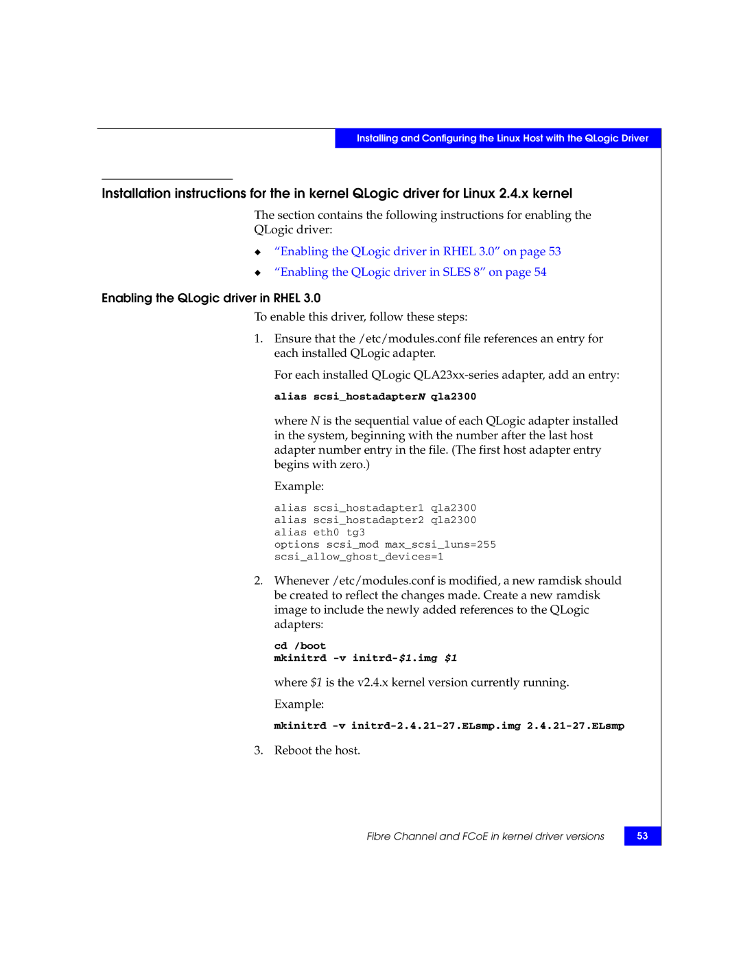EMC P/N 300-002-803 manual Enabling the QLogic driver in Rhel, Reboot the host 