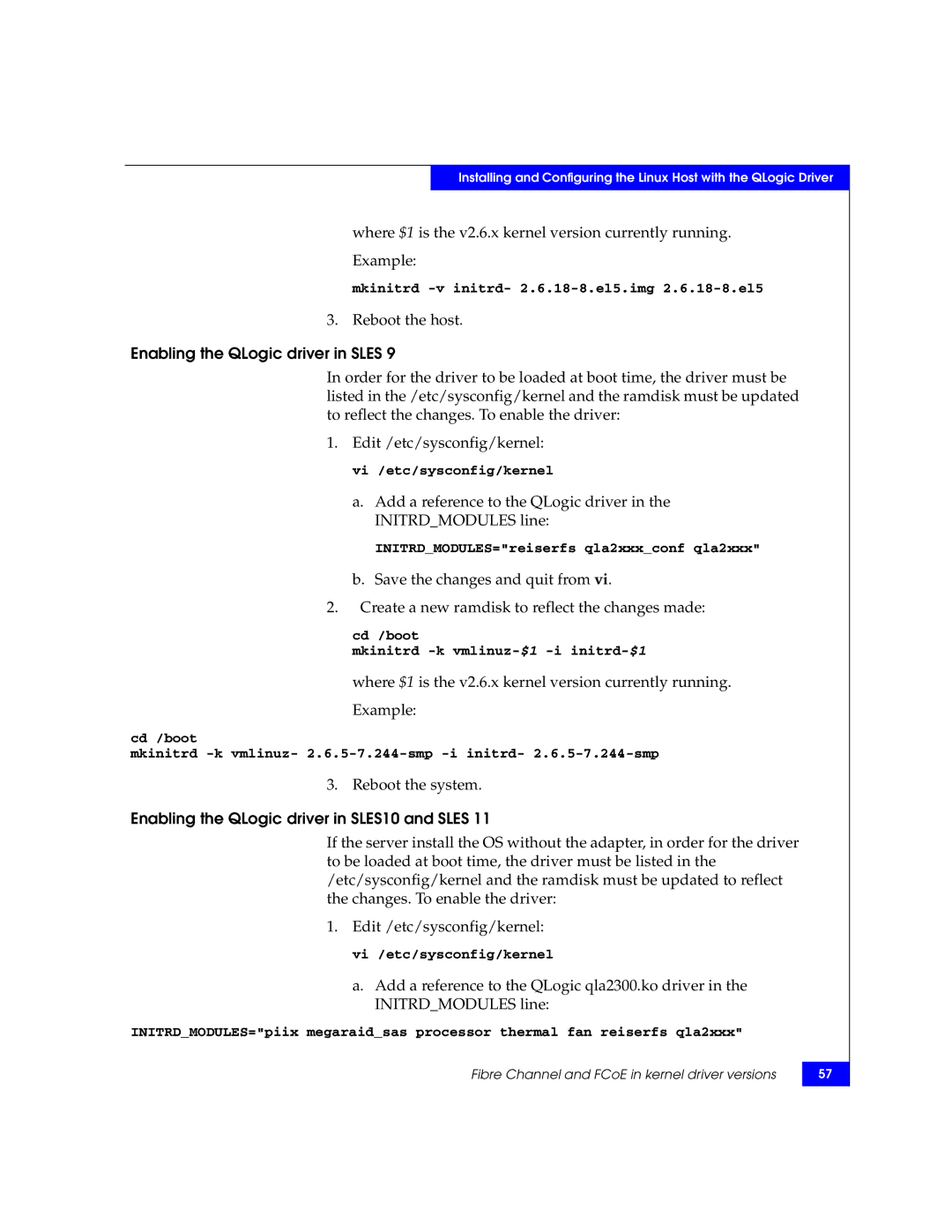 EMC P/N 300-002-803 manual Enabling the QLogic driver in Sles, Enabling the QLogic driver in SLES10 and Sles 