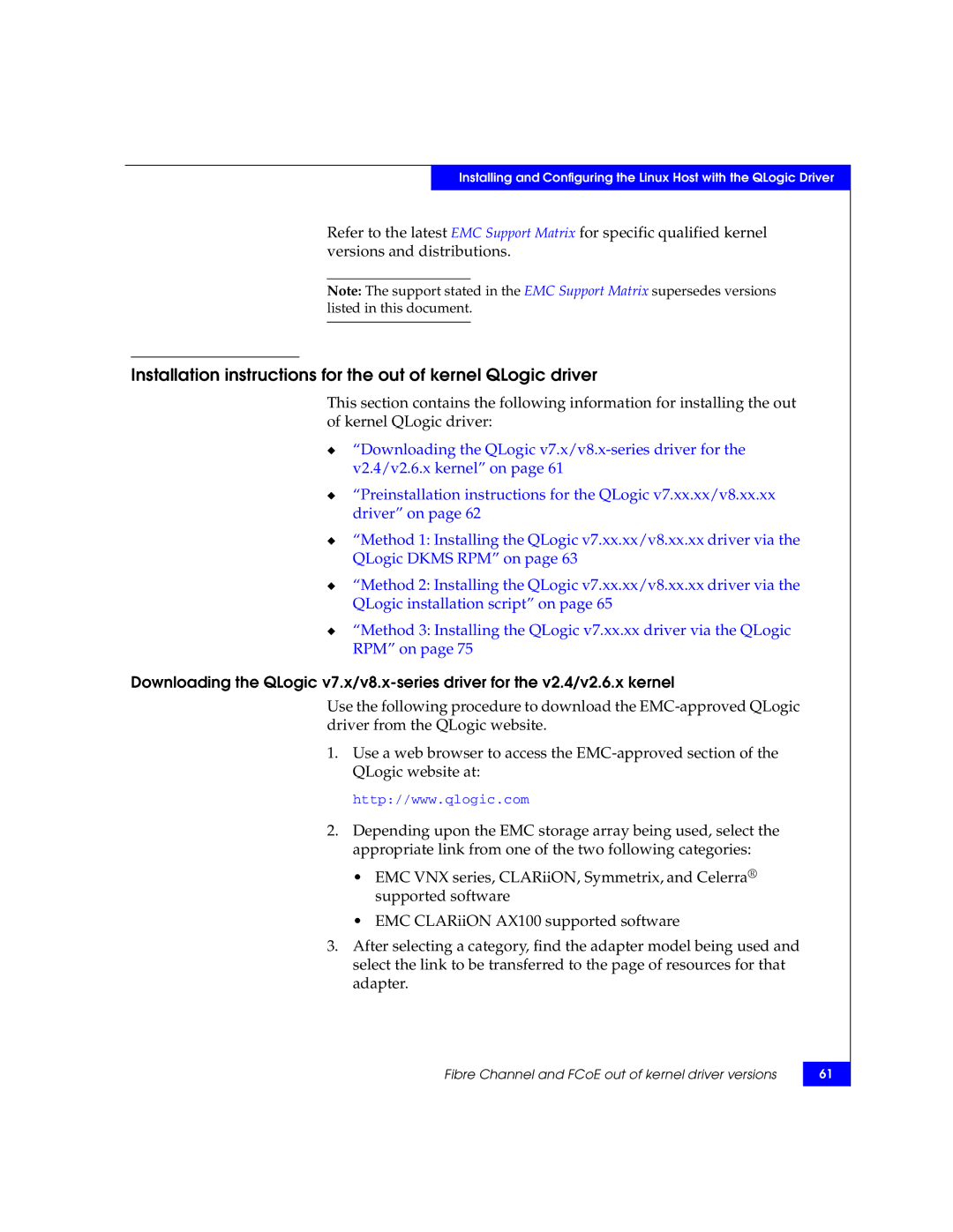 EMC P/N 300-002-803 manual Fibre Channel and FCoE out of kernel driver versions 