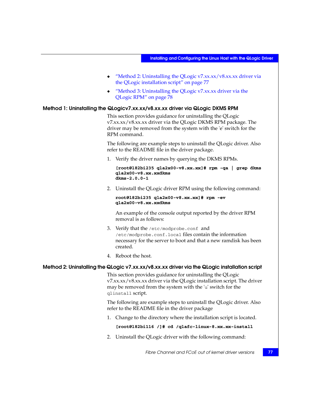 EMC P/N 300-002-803 manual Uninstall the QLogic driver RPM using the following command 