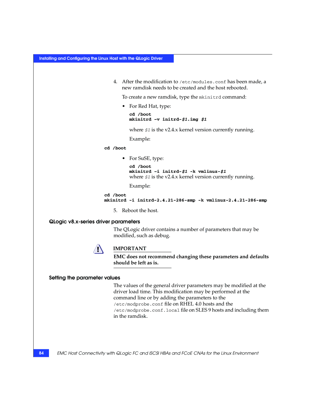 EMC P/N 300-002-803 manual For SuSE, type, QLogic v8.x-series driver parameters 