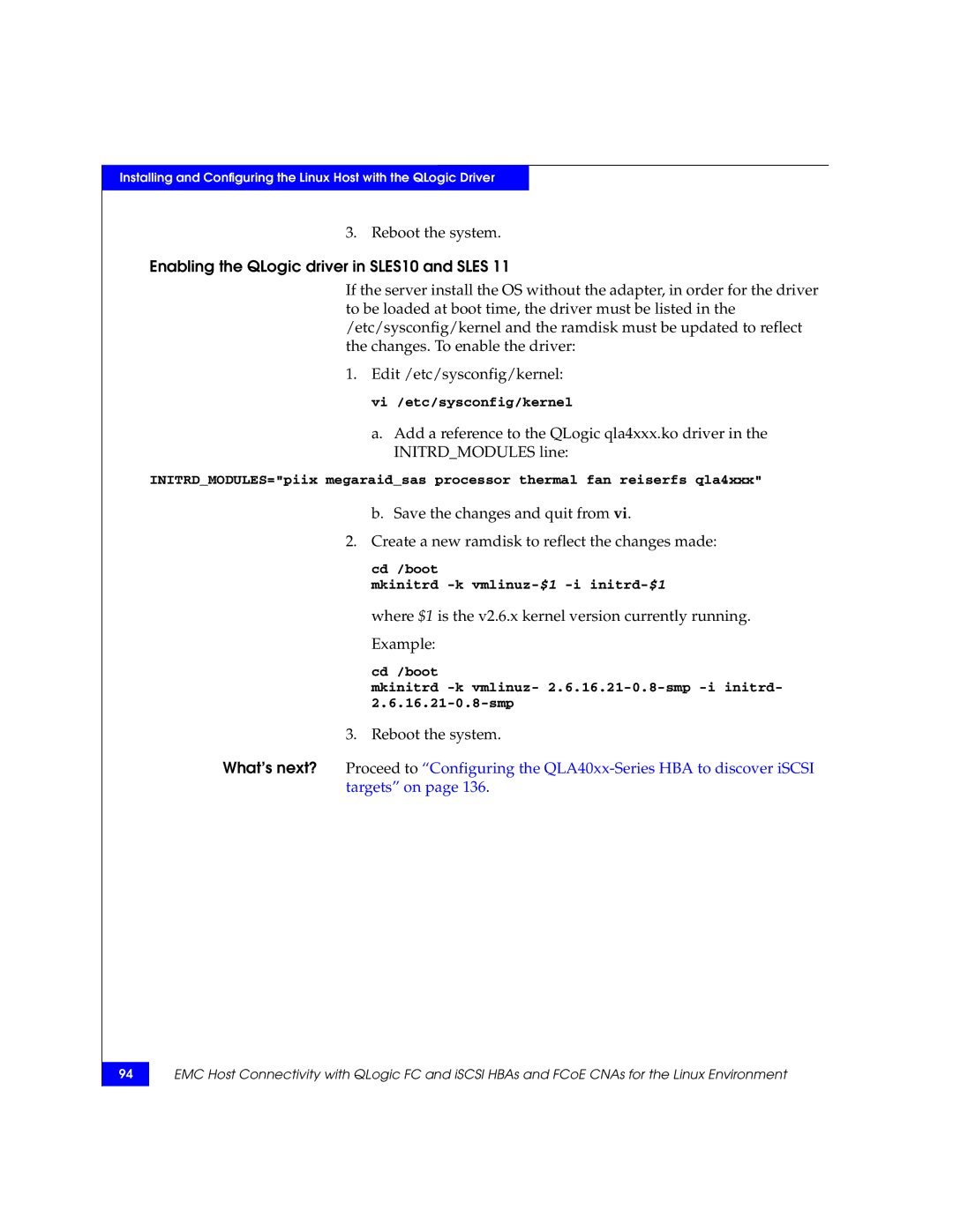 EMC P/N 300-002-803 manual Enabling the QLogic driver in SLES10 and Sles 