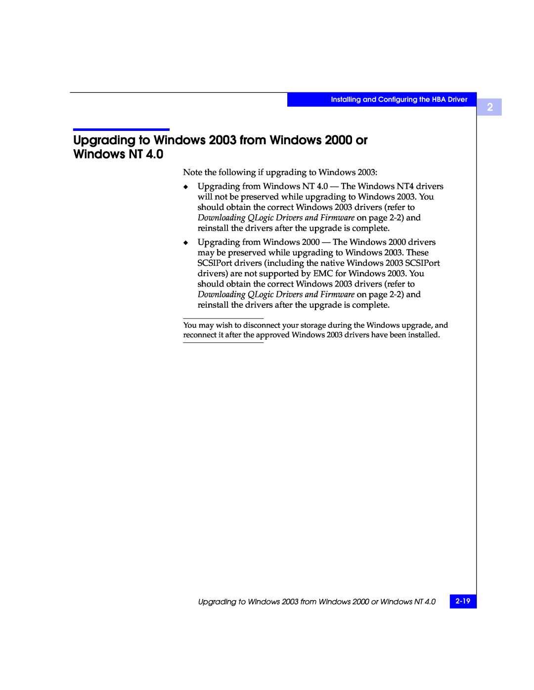 EMC QLA22xx, QLA23xx manual Upgrading to Windows 2003 from Windows 2000 or Windows NT 
