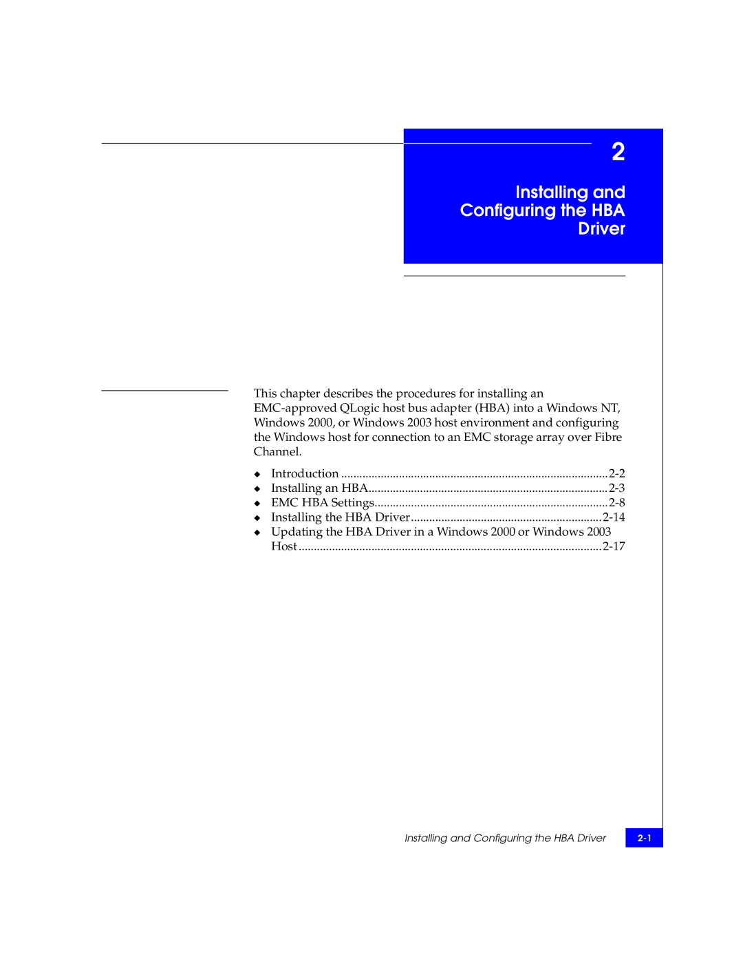 EMC QLA22xx, QLA23xx manual Installing Configuring the HBA Driver 