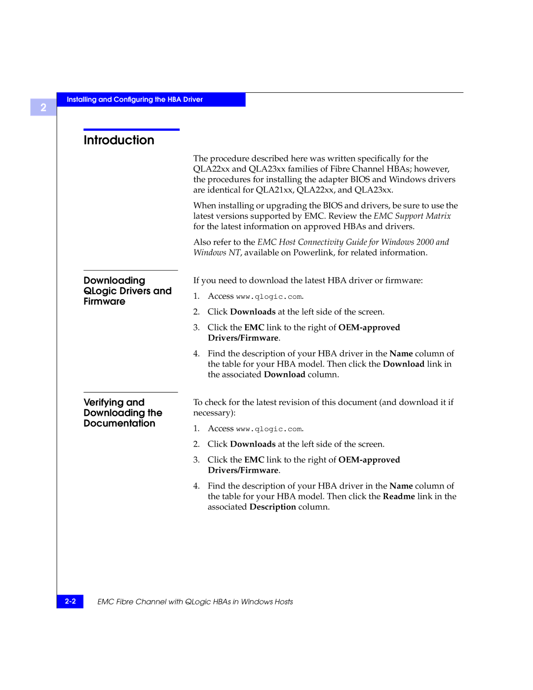 EMC QLA23xx, QLA22xx manual Introduction, Downloading QLogic Drivers Firmware Verifying Documentation 