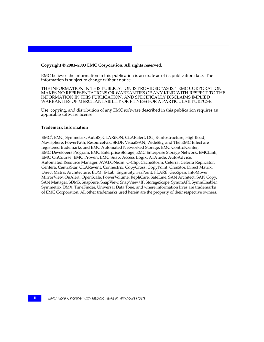 EMC QLA23xx, QLA22xx manual Copyright 2001-2003 EMC Corporation. All rights reserved, Trademark Information 