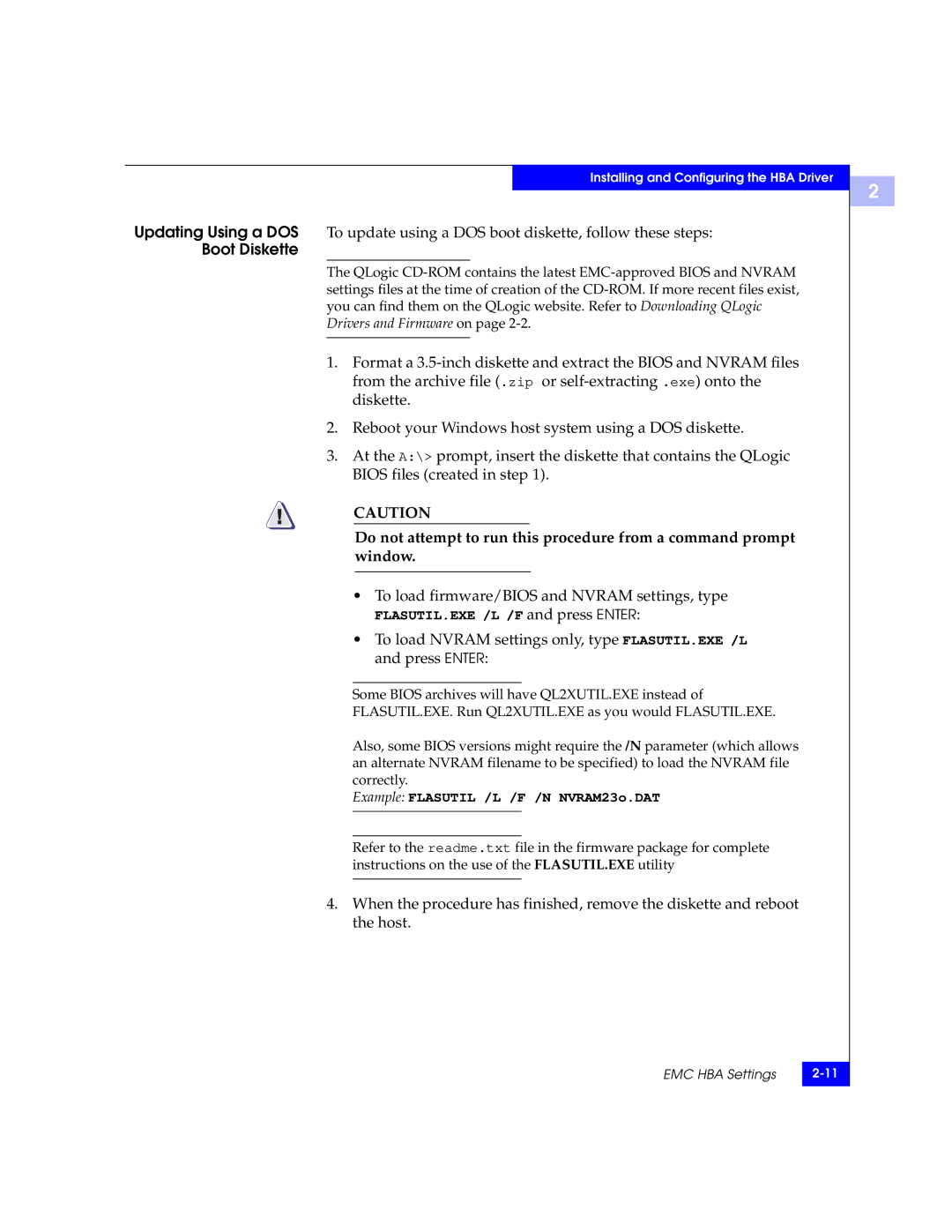 EMC QLA22xx, QLA23xx manual To load firmware/BIOS and Nvram settings, type, Example Flasutil /L /F /N NVRAM23o.DAT 