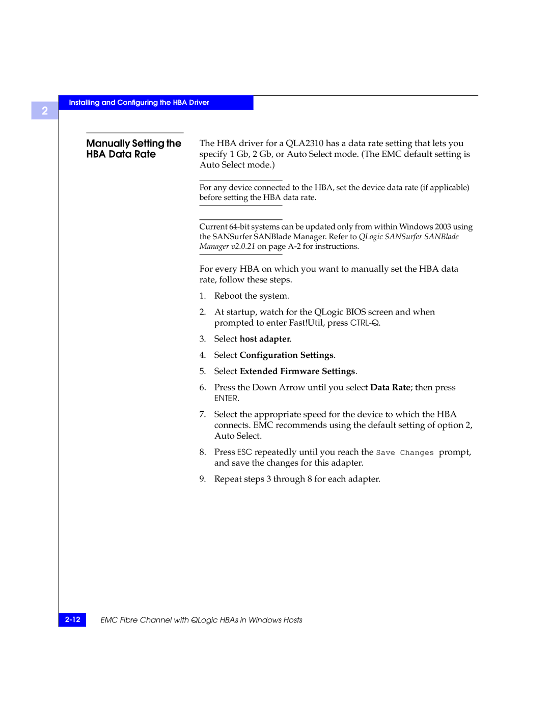 EMC QLA23xx, QLA22xx manual Press the Down Arrow until you select Data Rate then press 