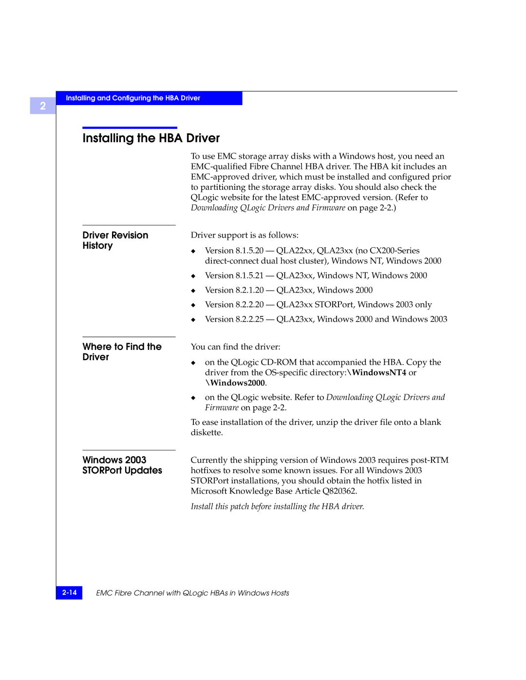 EMC QLA23xx, QLA22xx manual Installing the HBA Driver 