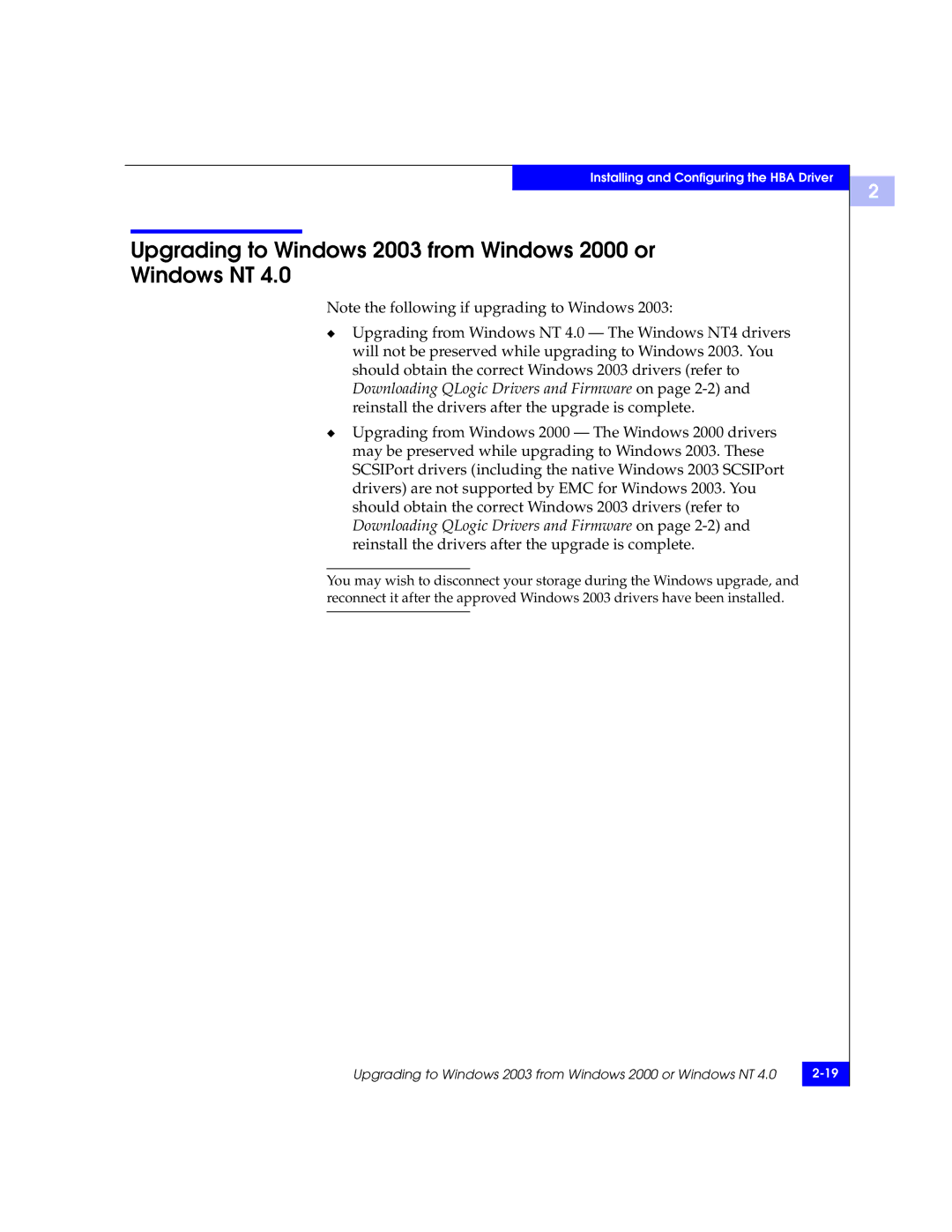 EMC QLA22xx, QLA23xx manual Upgrading to Windows 2003 from Windows 2000 or Windows NT 