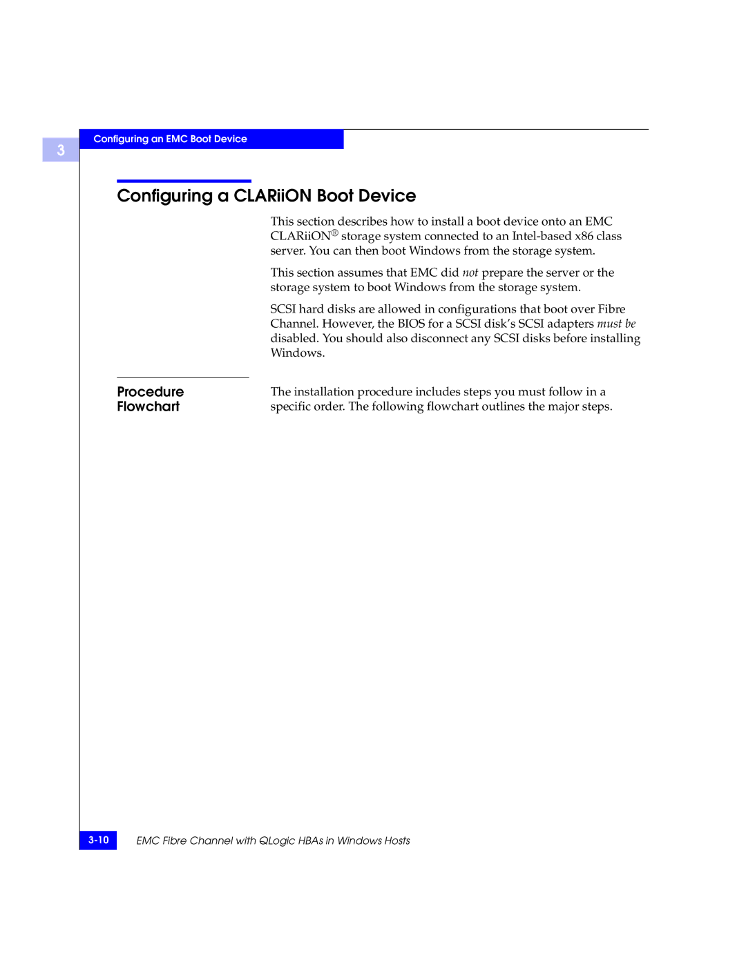 EMC QLA23xx, QLA22xx manual Configuring a CLARiiON Boot Device, Procedure, Flowchart 