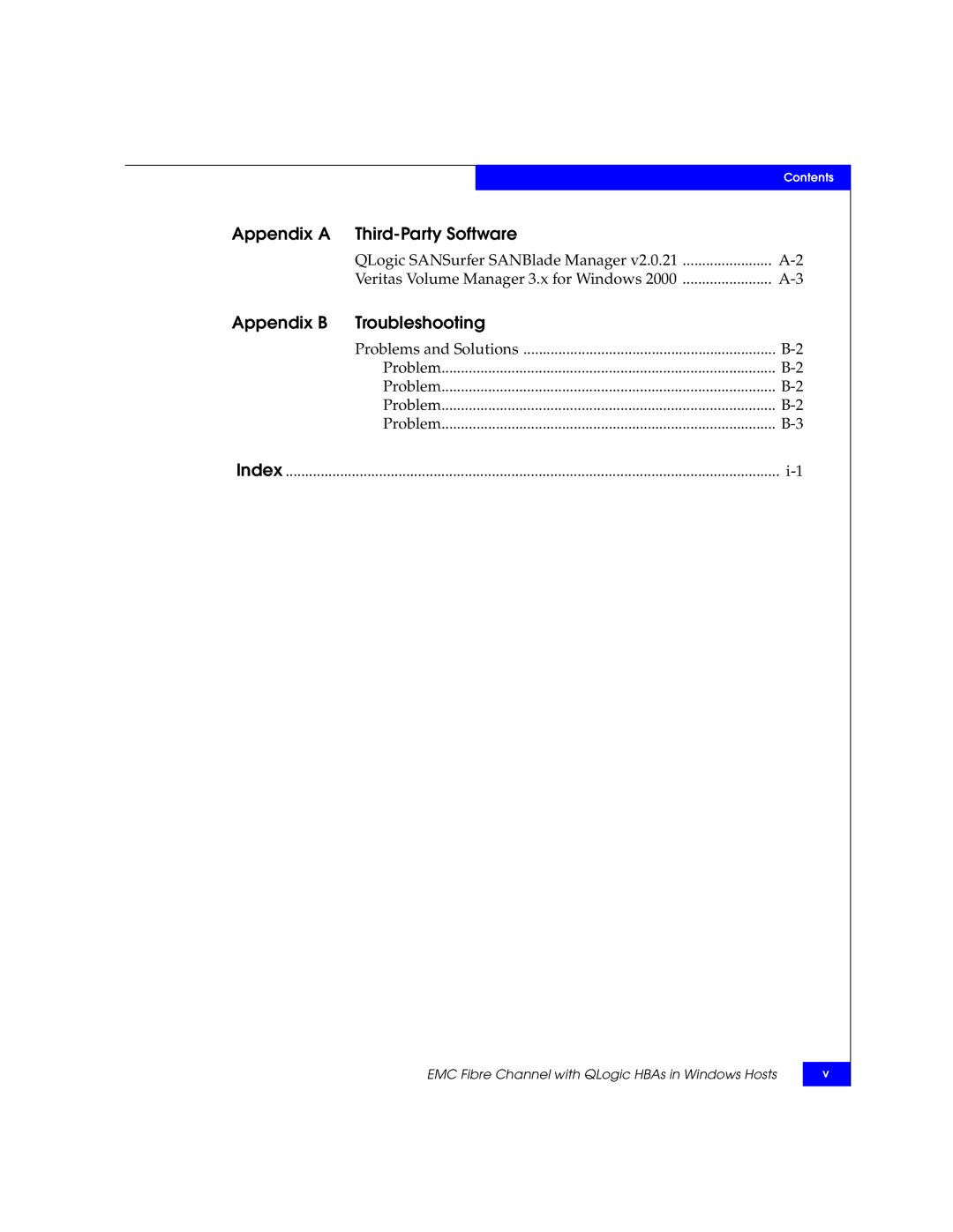 EMC QLA22xx, QLA23xx manual Appendix a Third-Party Software, Appendix B Troubleshooting, Problems and Solutions Index 