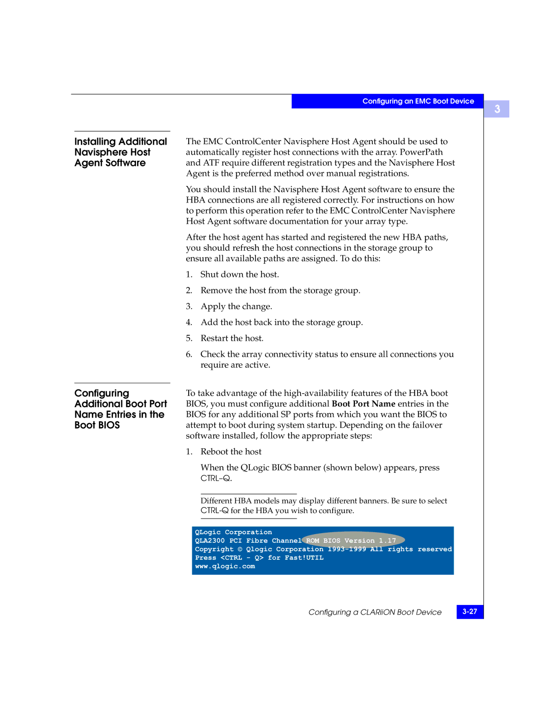 EMC QLA22xx manual Installing Additional, Navisphere Host, Agent Software, Configuring, Additional Boot Port, Name Entries 