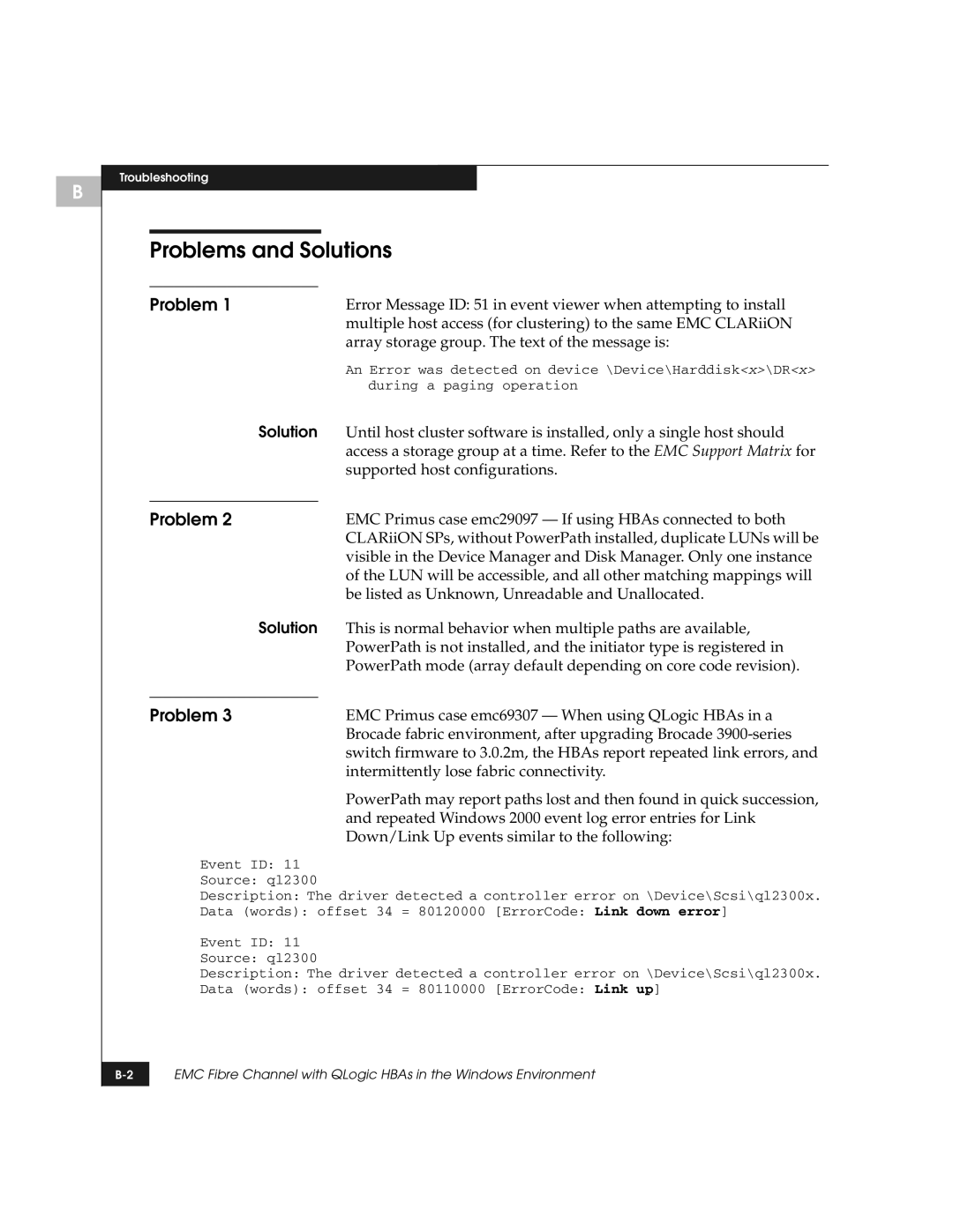 EMC QLogic manual Problems and Solutions 