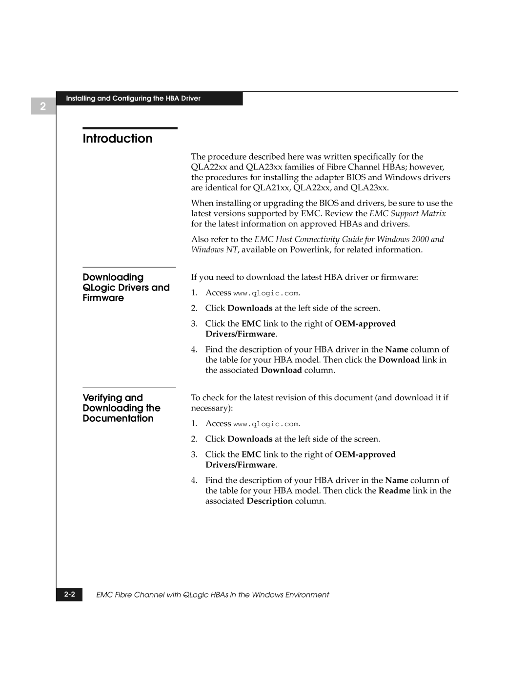 EMC manual Introduction, Downloading QLogic Drivers Firmware Verifying Documentation 