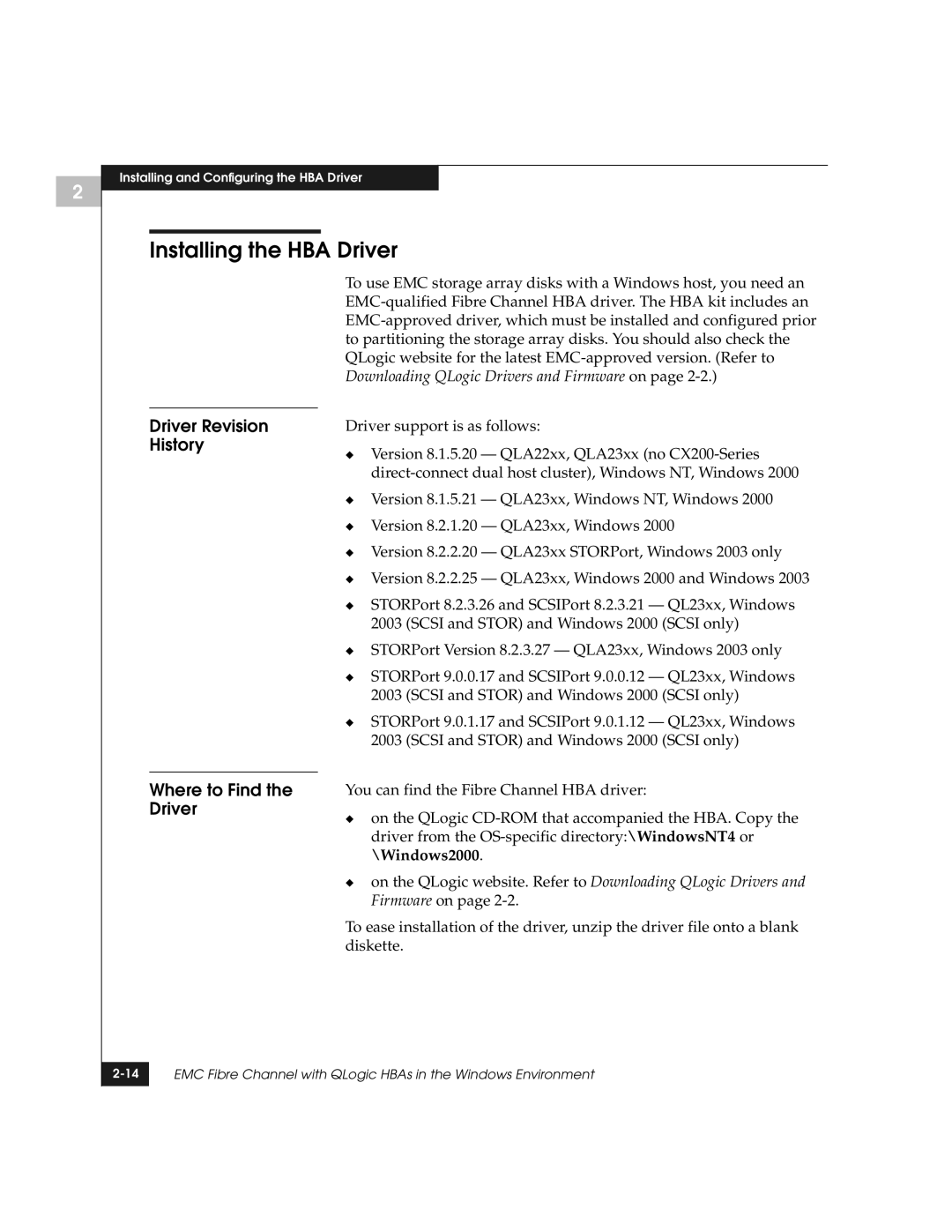 EMC QLogic manual Installing the HBA Driver, Driver Revision History Where to Find the Driver 