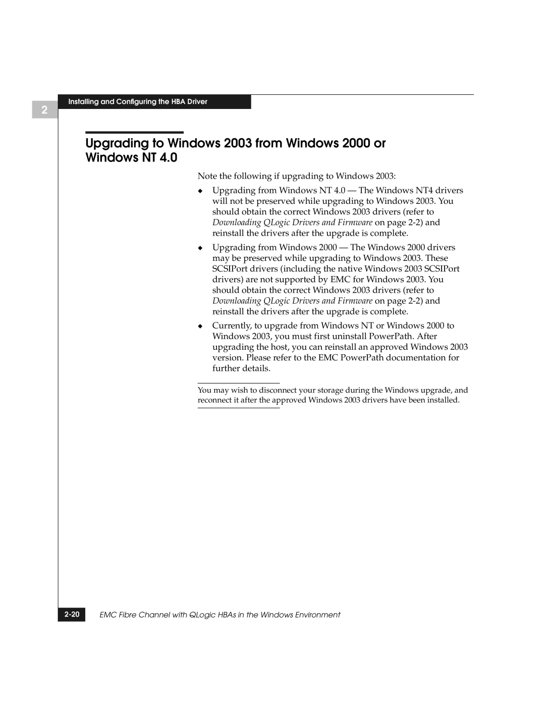 EMC QLogic manual Upgrading to Windows 2003 from Windows 2000 or Windows NT 