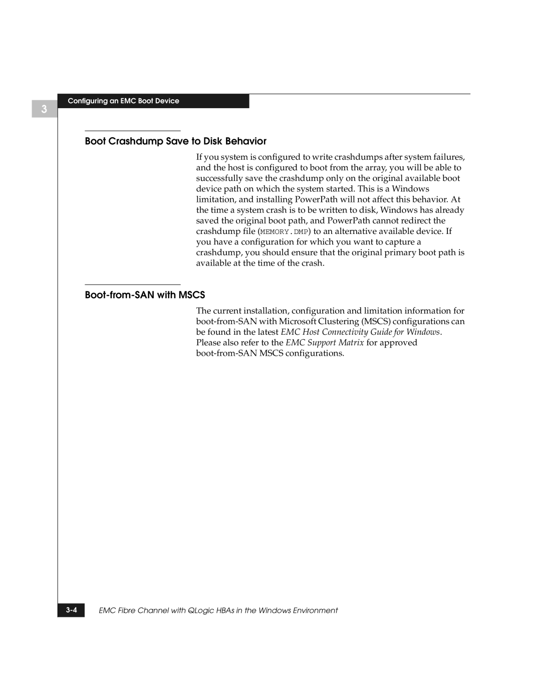 EMC QLogic manual Boot Crashdump Save to Disk Behavior, Boot-from-SAN with Mscs 