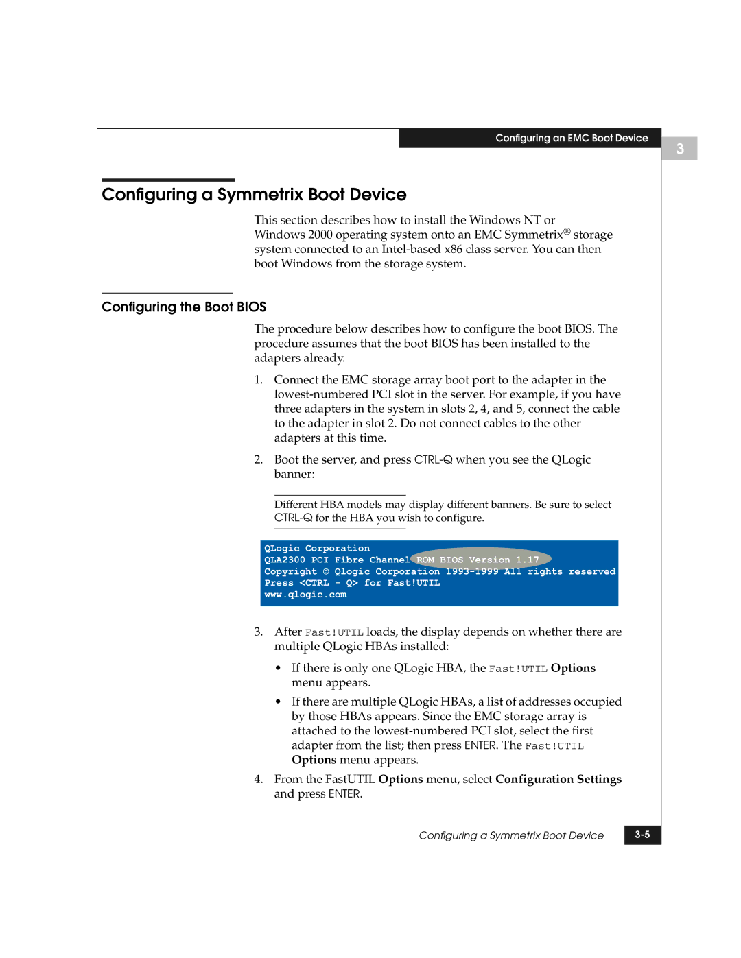 EMC QLogic manual Configuring a Symmetrix Boot Device, Configuring the Boot Bios 