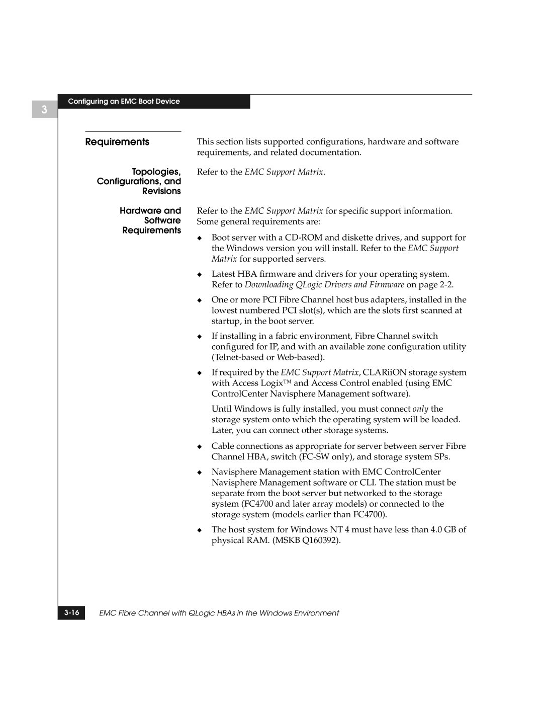 EMC QLogic manual Topologies, Configurations, Revisions Hardware Software Requirements 