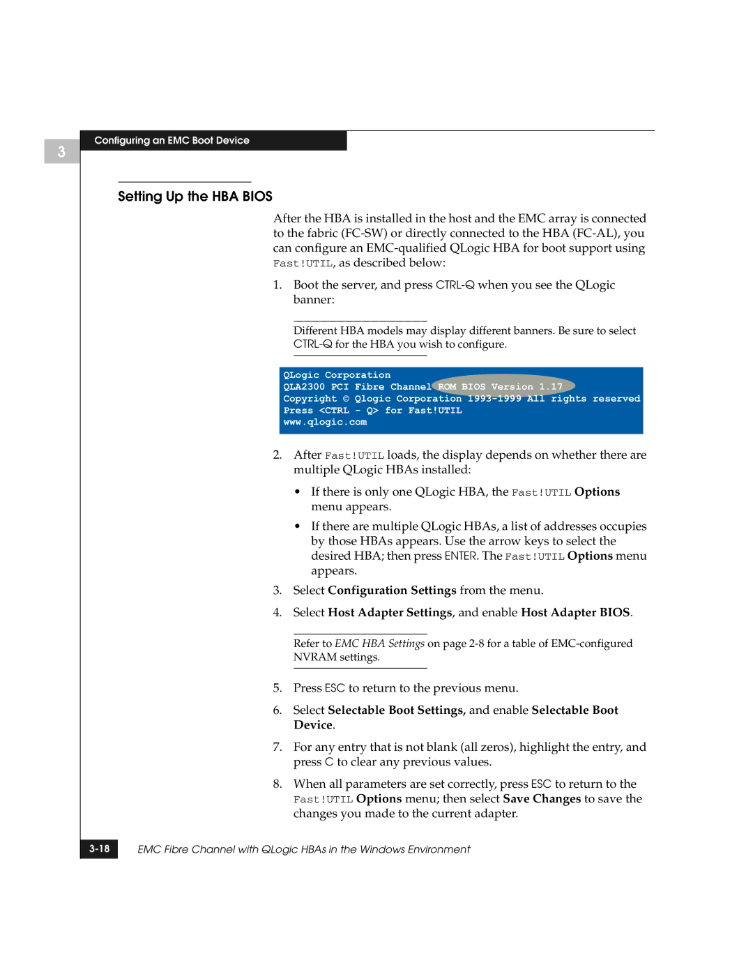 EMC QLogic manual Setting Up the HBA Bios 