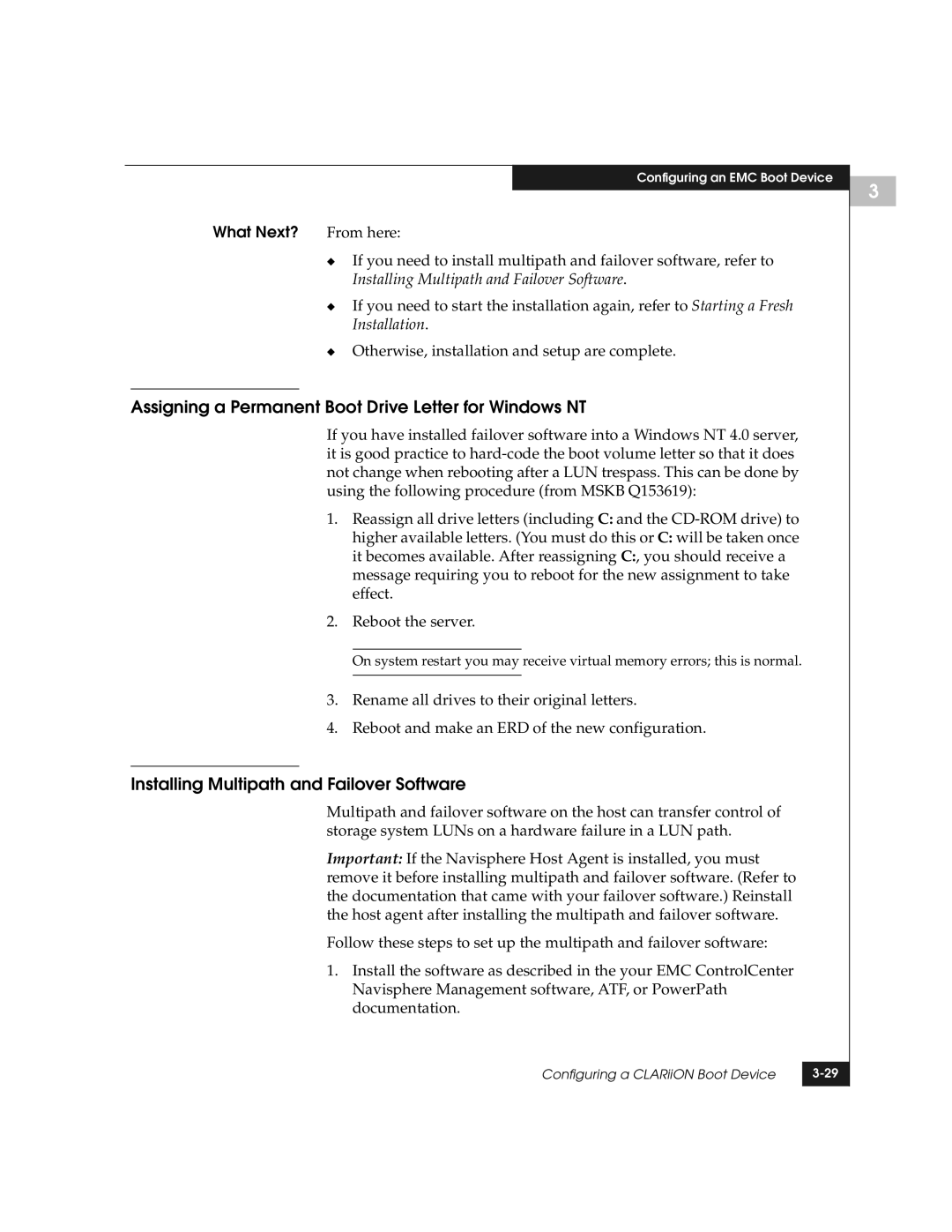 EMC QLogic manual Assigning a Permanent Boot Drive Letter for Windows NT, Installing Multipath and Failover Software 