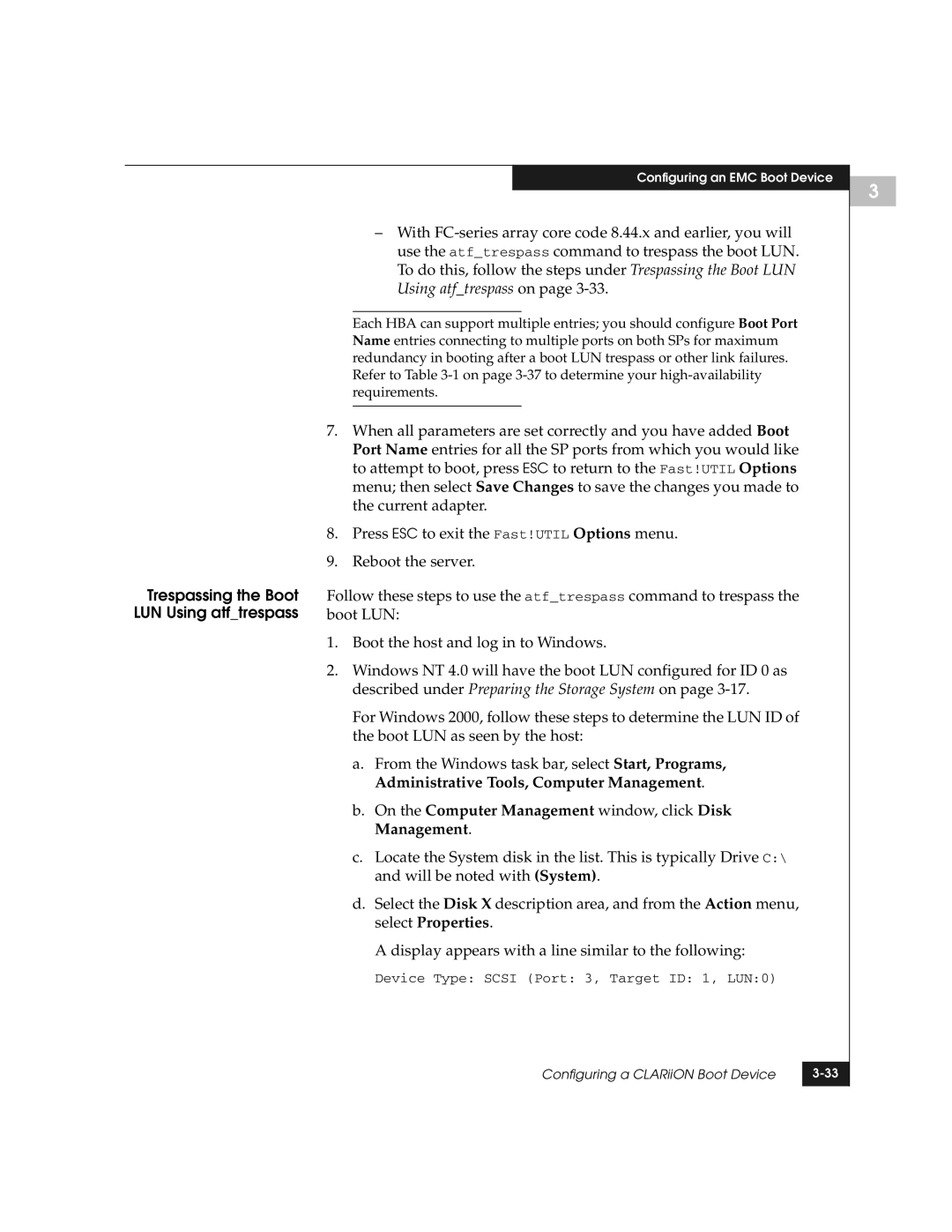 EMC QLogic manual Trespassing the Boot LUN Using atftrespass, On the Computer Management window, click Disk Management 