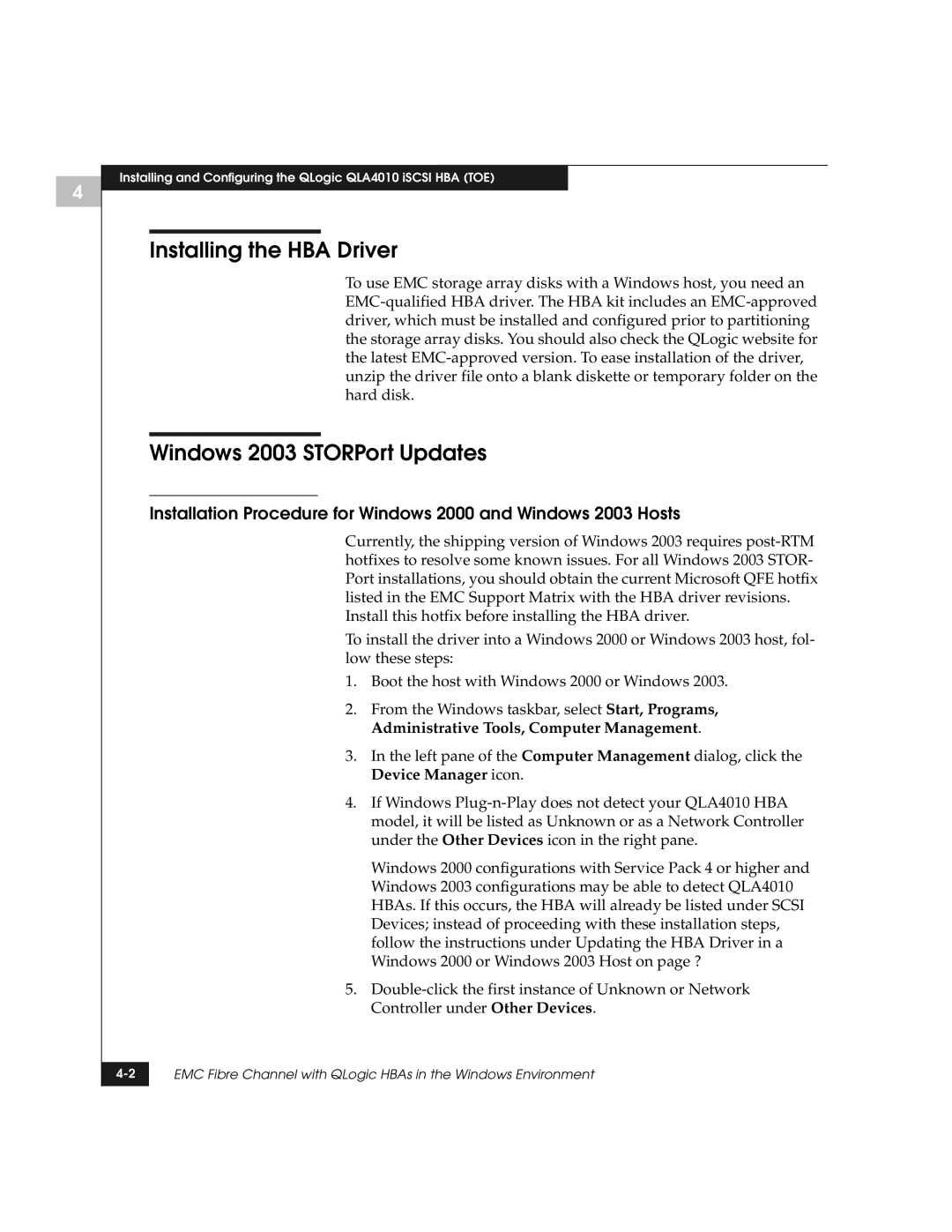 EMC QLogic manual Installing the HBA Driver, Windows 2003 STORPort Updates 