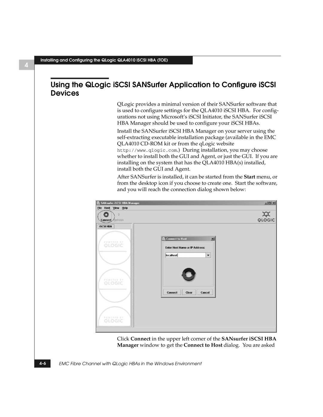 EMC manual Installing and Configuring the QLogic QLA4010 iSCSI HBA TOE 