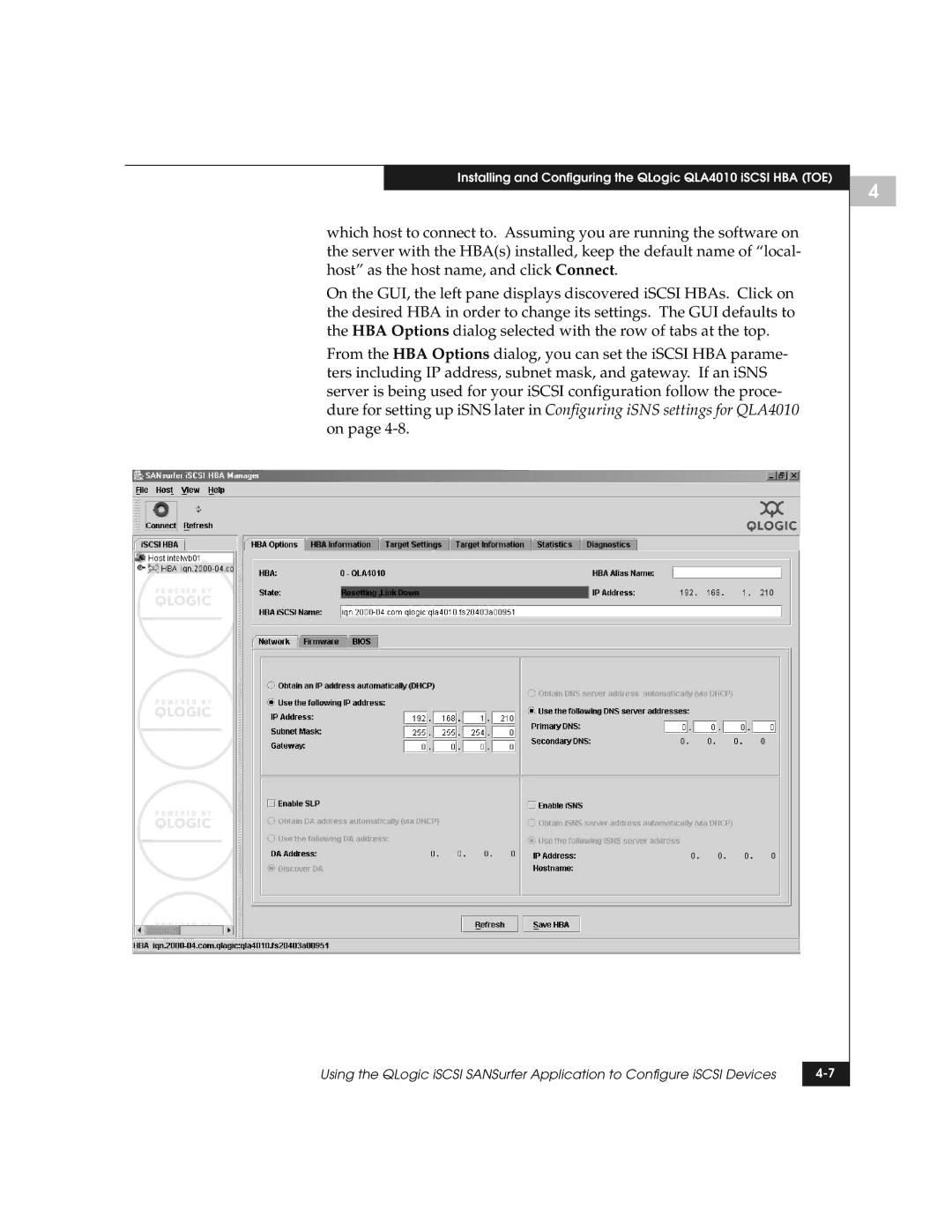 EMC manual Installing and Configuring the QLogic QLA4010 iSCSI HBA TOE 