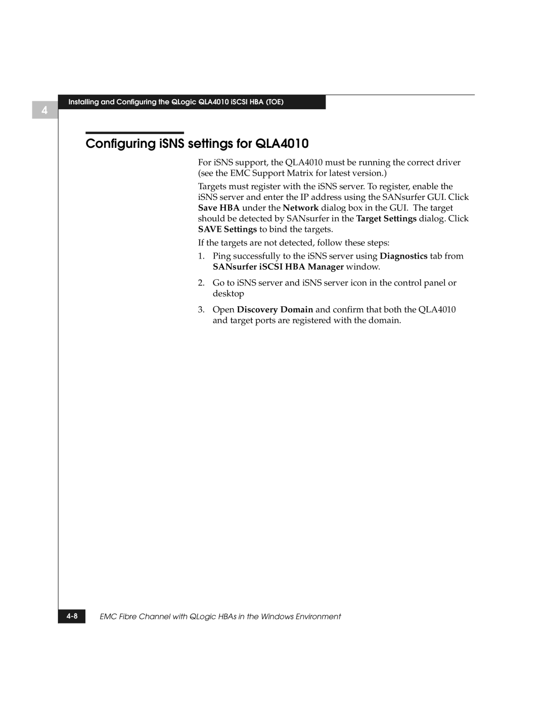 EMC QLogic manual Configuring iSNS settings for QLA4010 