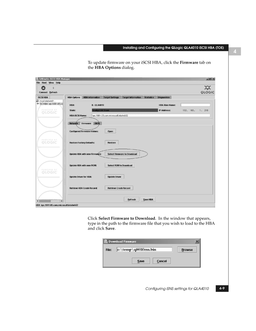 EMC QLogic manual Configuring iSNS settings for QLA4010 