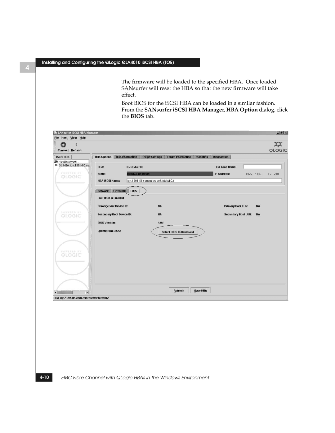 EMC manual Installing and Configuring the QLogic QLA4010 iSCSI HBA TOE 